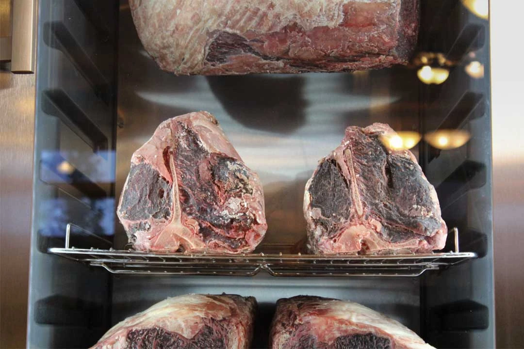 Dry-aged beef on display at Island Lake