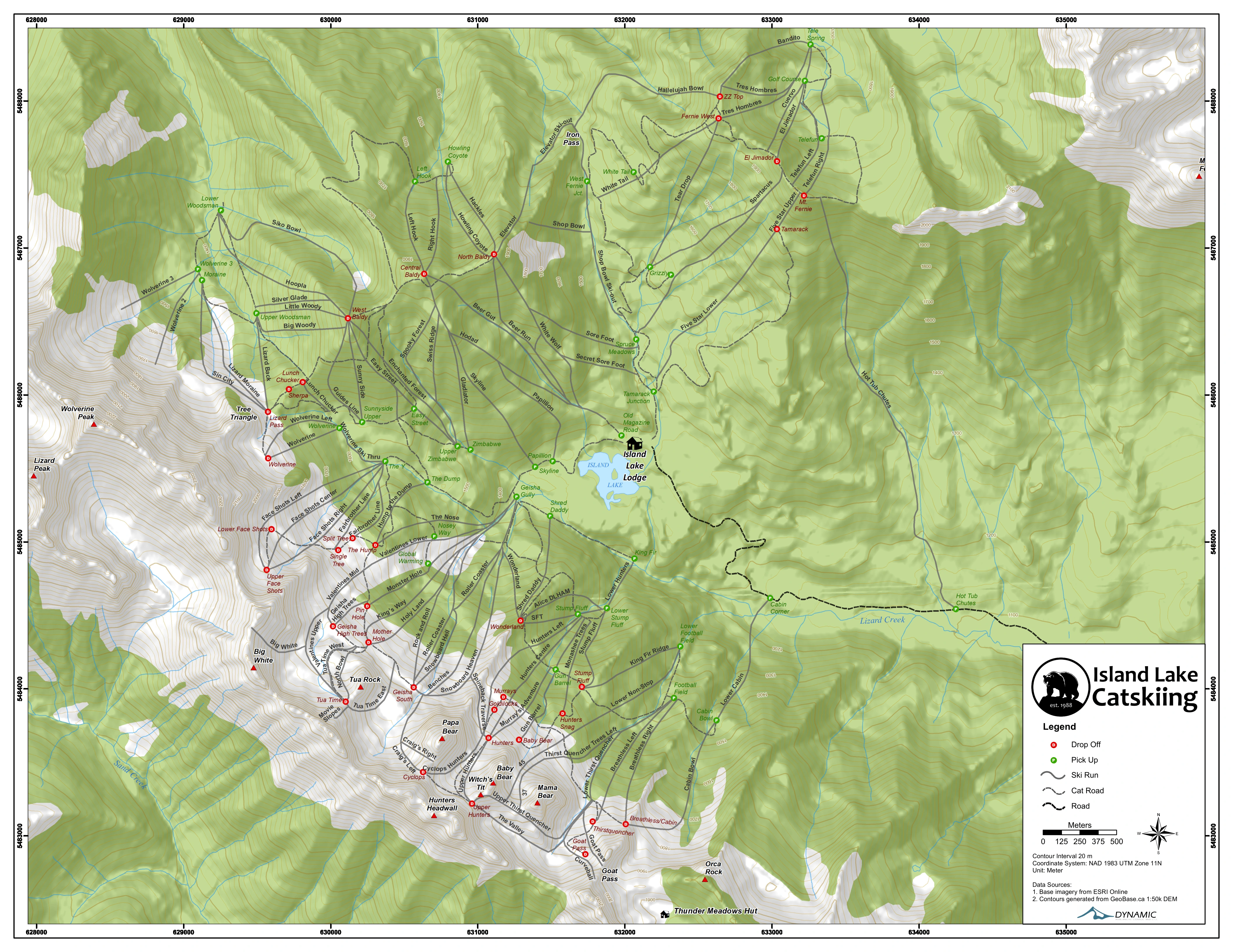Island Lake’s official cat skiing map with named runs, snowcat roads and pickup and drop-off markers