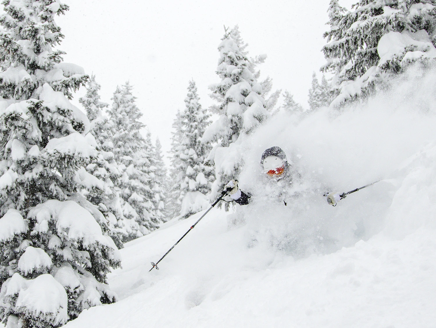A skier turning through deep snow in the forest at Island Lake