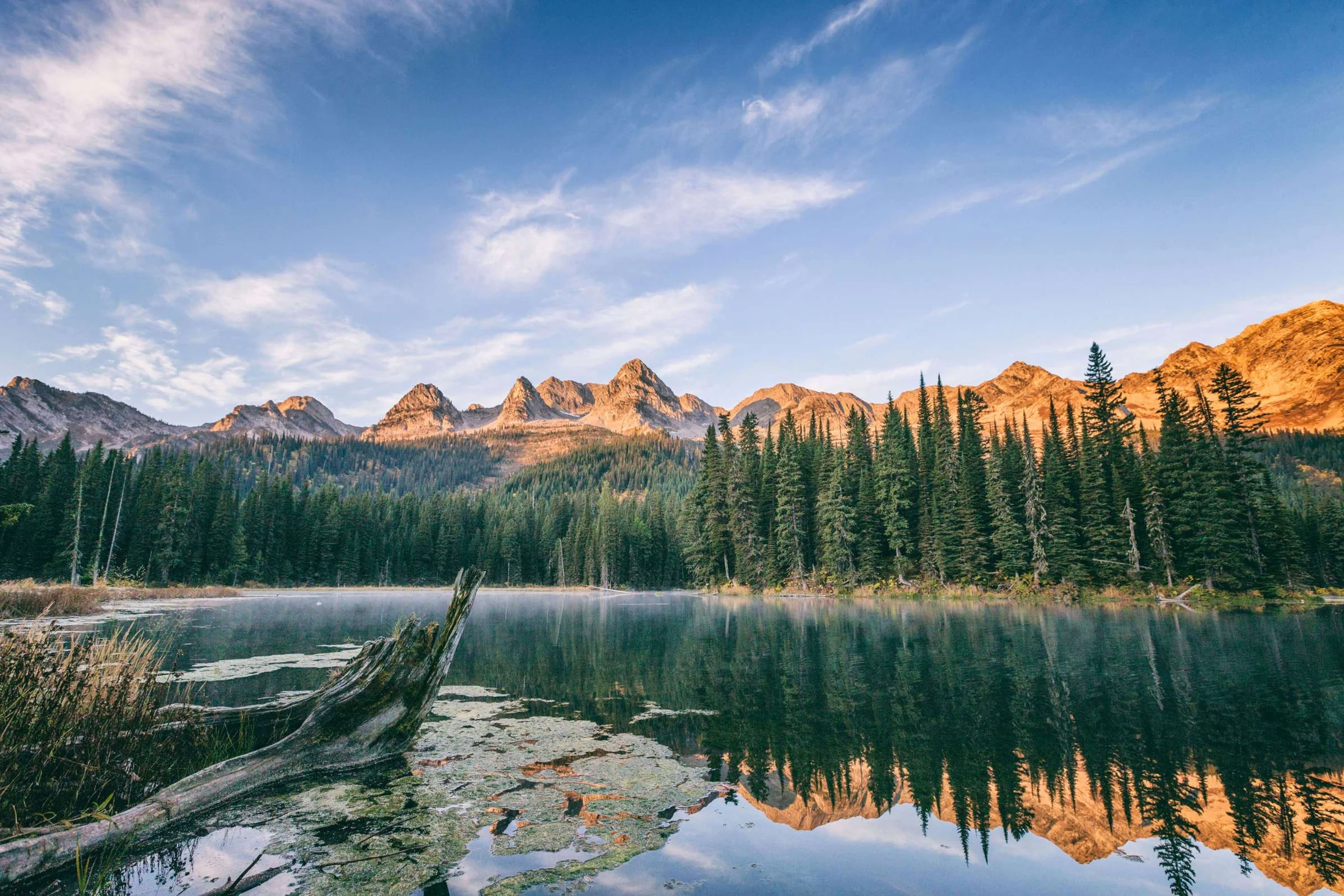 Summer light on the Lizard Range reflected in the still waters of Island Lake