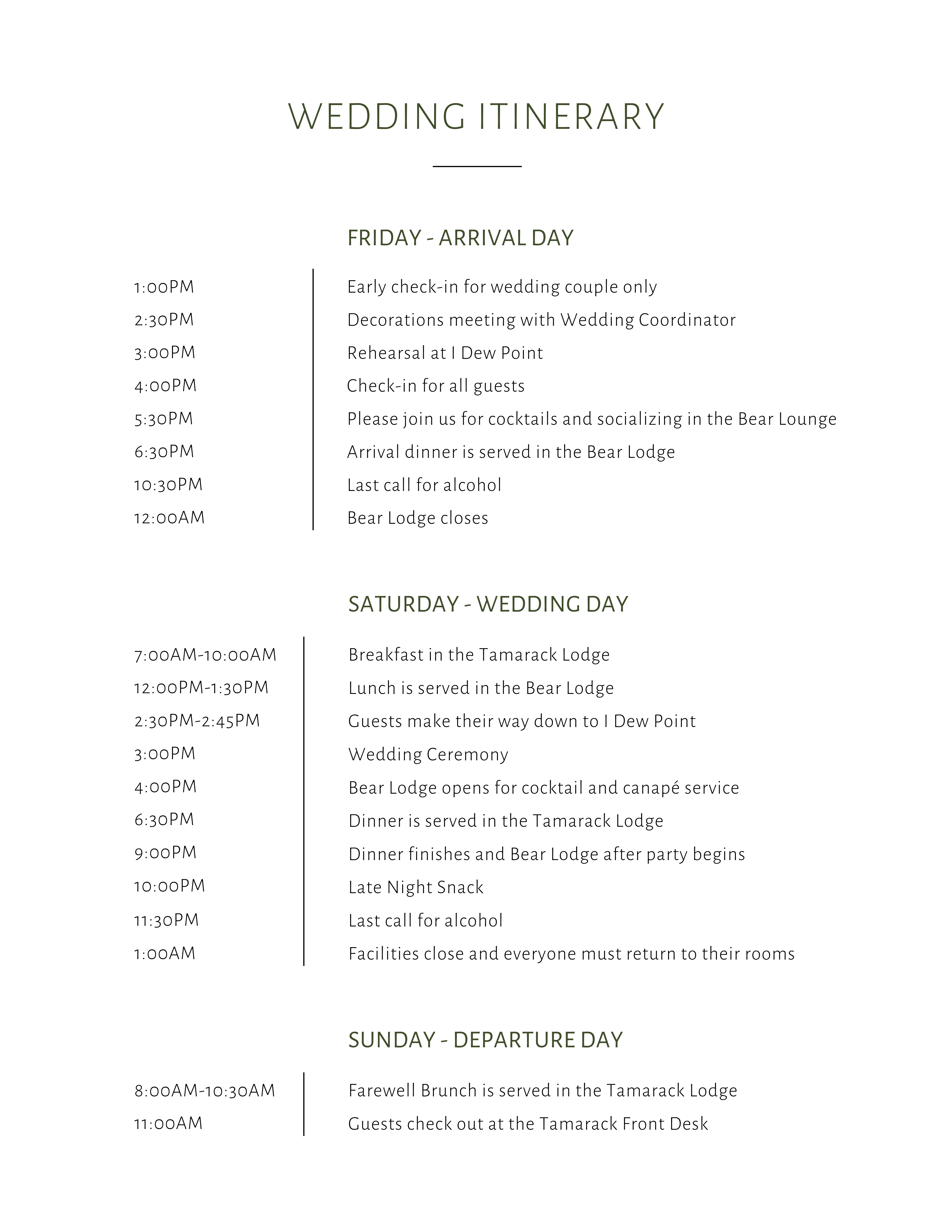 Island Lake Lodge sample wedding weekend itinerary. Open the image to read the full schedule.